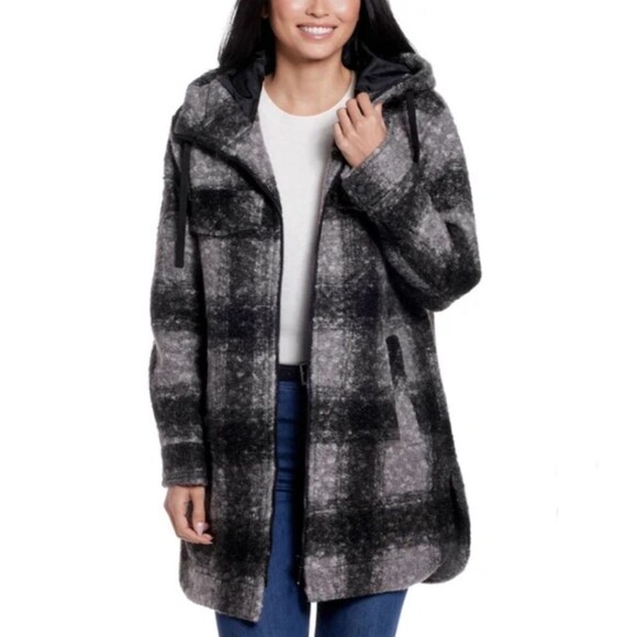 Weatherproof Jackets & Blazers - Weatherproof Women's Soft Boucle Hooded Long Jacket Black Plaid Heavyweight XS